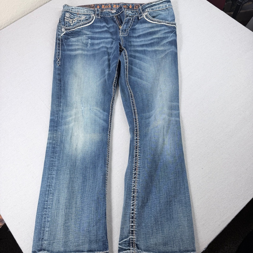 Rock Revival Julian Relaxed Straight Jeans Mens Size 35 Embroidered - Picture 2 of 7